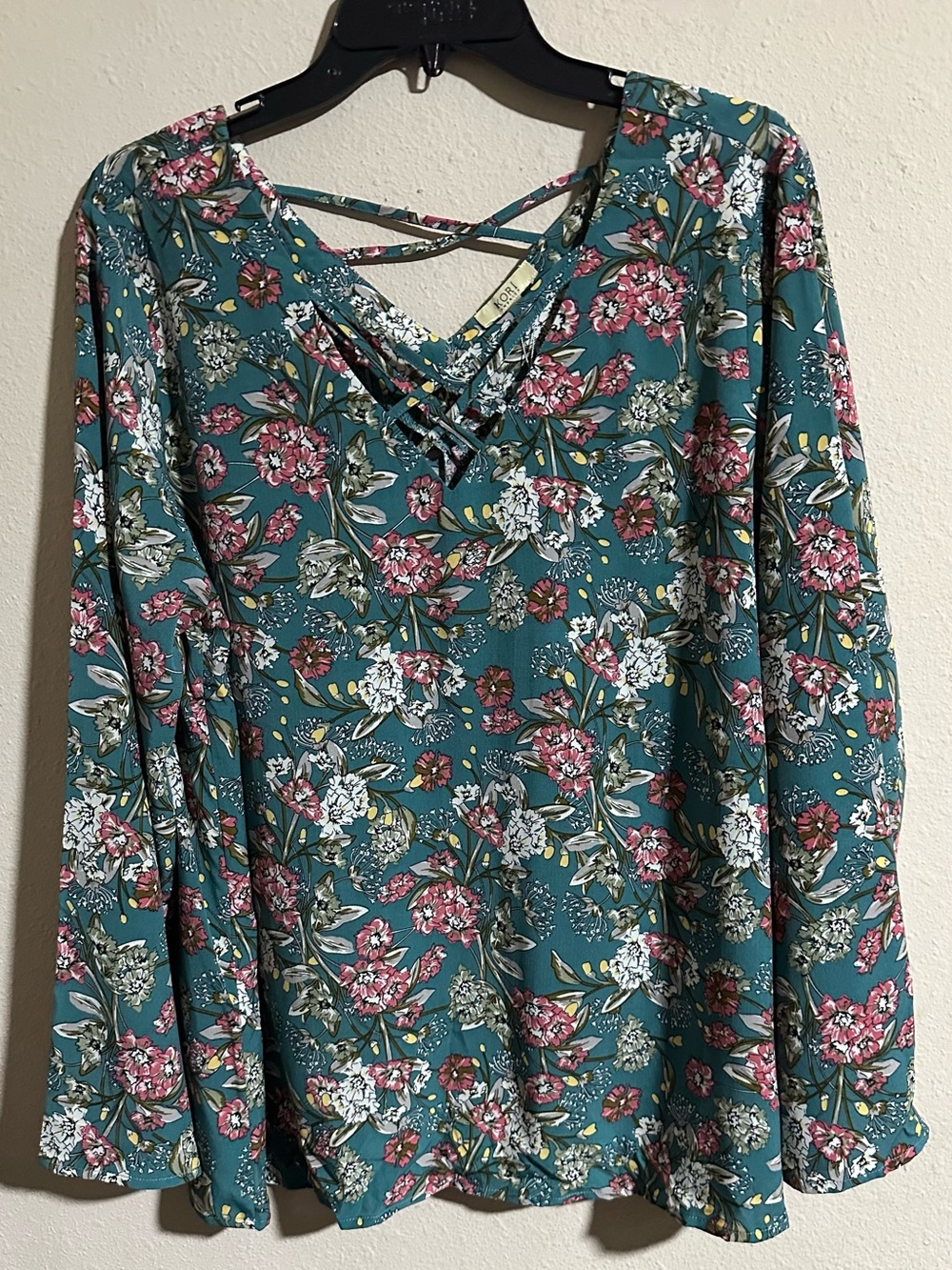 Kori Teal Floral Crisscross V-Neck Long Sleeve Top